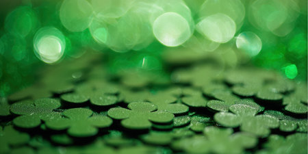 Green shamrock confetti scattered on a surface with glittering bokeh lights in the background, festive st. Patrickの素材
