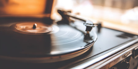 Close-up of a classic black vinyl record spinning on a retro turntable, needle in the groove evoking warm analog sound, nostalgia and vintage listening cultureの素材
