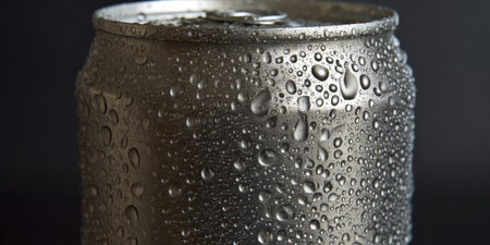 Aluminum beverage can with sparkling condensation droplets on a smooth metallic surface, evoking chilled refreshment, hydration and thirst-quenching coolness against a dark backdropの素材