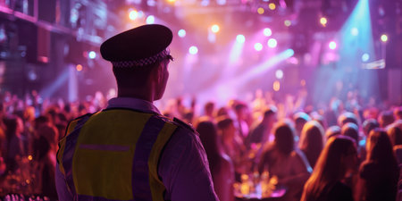 Police officer maintaining security and order, looking over a lively crowd of people enjoying an entertainment event in a nightclub with vibrant stage lights and musicの素材