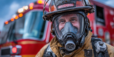 Firefighter in helmet and respirator mask smiles confidently at camera, standing proudly before a blurred red fire truck, embodying safety, service and braveryの素材