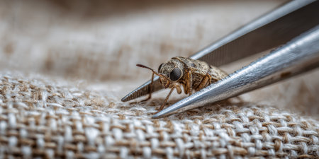Entomologist carefully holding a small insect specimen with metal tweezers, performing research on insect species, biological studies, and pest control on fabric materialの素材