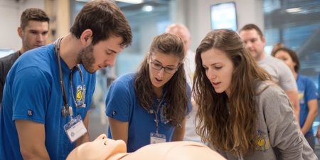 Medical students are learning life-saving techniques, performing cardiopulmonary resuscitation on a realistic training dummy during a healthcare education and simulation classの素材
