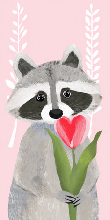 Raccoon holding a red heart-shaped tulip against a soft pink background with white leaf pattern, charming romantic illustration perfect for valentines, cards, and spring designsの素材
