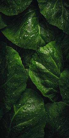 Green vegetable leaves glistening with water droplets, highlighting veins and texture against a dark background-fresh, organic growth conveying hydration and healthy produceの素材