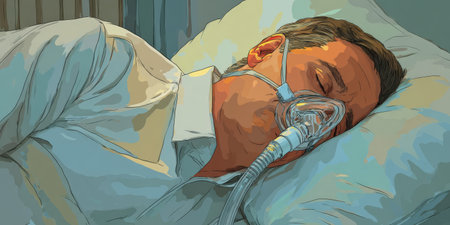 Man is resting in a hospital bed, linked to respiratory support equipment, symbolizing illness, intensive care, and healthcare recovery during a critical periodの素材