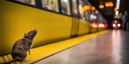 Brown rat stands at attention on a yellow subway platform edge, looking up attentively as a yellow and black train passes by in an urban underground stationの素材