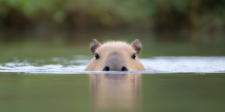 Capybara, a large semi-aquatic rodent, is swimming in a tranquil lake with only its eyes, nose, and ears visible above the water surface, observing its surroundingsの素材