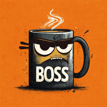 Steaming coffee mug portraying an angry, grumpy boss with stylized facial features and the word boss on a textured orange background, communicating a challenging or humorous office dynamicの素材