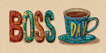 Boss day greeting graphic featuring stylized, colorful typography spelling boss and a decorative coffee mug with day written on it, creating a vibrant holiday celebration and appreciation conceptの素材