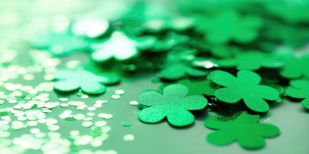 Green shamrock shaped confetti scattered on a vibrant background, symbolizing luck and prosperity, perfect for st. Patrick's day holidays and irish celebration themesの素材