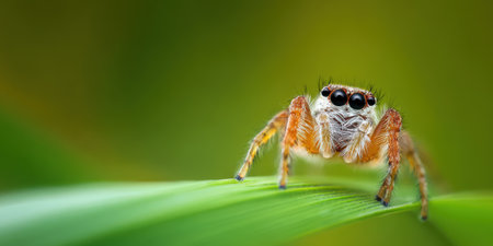 Jumping spider with hairy body and prominent black eyes standing on a vibrant green leaf, macro view capturing intricate details of the small arachnid in its natural habitatの素材