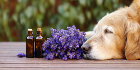 Golden retriever dog resting calmly next to lavender flowers and essential oil bottles on a wooden surface, representing pet wellness, natural healing, and relaxation conceptsの素材
