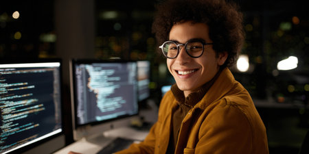 Young male programmer with glasses smiling at camera while working on multiple computer screens displaying lines of code in a dark office at night, reflecting dedication and expertiseの素材