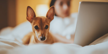 Miniature pinscher dog resting on a cozy bed, looking at the viewer while a woman works on her laptop in the background, creating a scene of companionship and home comfortの素材