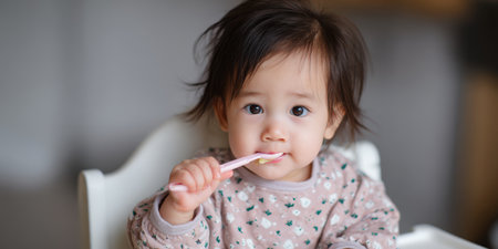 Cute baby girl sitting in high chair learning to self-feed with a spoon, enjoying her meal while looking directly at camera, representing childhood development and innocenceの素材