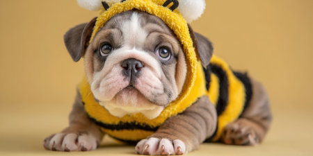 English bulldog puppy lying down, wearing a cute yellow and black bee costume with a hood and antennae, looking up playfully on a solid ochre yellow backgroundの素材