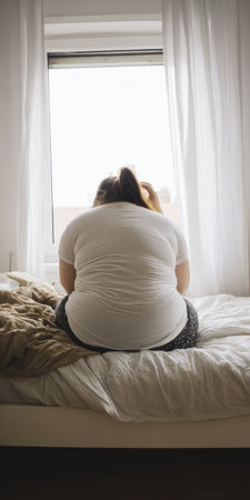 Plus-size woman sits on bed edge, gazing out window in soft morning light, solitary and pensive, reflecting on emotions and body image in a quiet domestic momentの素材