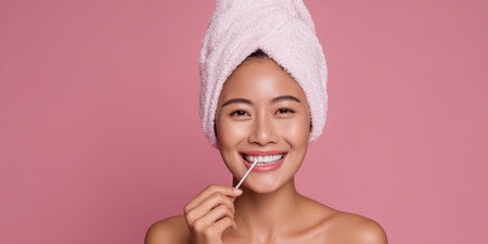 Young asian woman with a towel wrapped around hair smiling happily while cleaning teeth with a cotton swab, emphasizing beauty, daily hygiene, and personal dental care routinesの素材