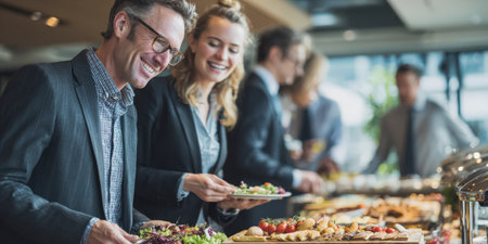 Business professionals gather at a corporate buffet, filling plates and chatting during a networking lunch in a modern conference setting, smiling and socializing between sessionsの素材