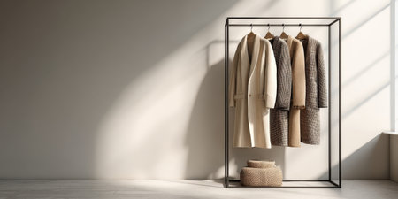 Modern clothing rack presenting coats in neutral earth tones, reflecting a clean and minimalist aesthetic of fashion and interior design, illuminated by window lightの素材