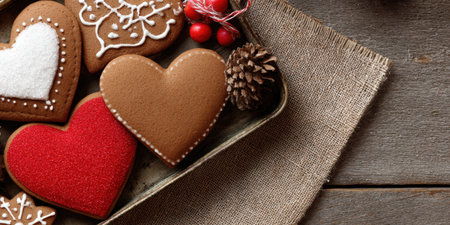 Gingerbread heart cookies with icing and red sprinkles arranged on a rustic tray with burlap, berries and a pinecone for a warm, cozy holiday baking sceneの素材
