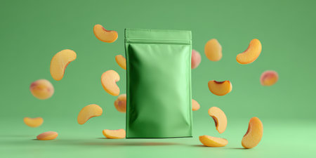 Light green foil stand-up pouch mockup floating amidst dynamic falling peach slices and a soft green backdrop, ideal for showcasing fruit-flavored snacks or natural food packaging designsの素材