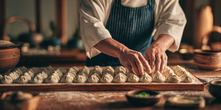 Chef hands expertly preparing a long row of traditional dumplings, showcasing culinary skill and the process of making authentic handmade food in a professional kitchen environmentの素材