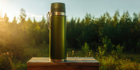 Green thermos bottle standing on a wooden surface against a blurred background of a sunlit forest, representing themes of travel, hiking, and outdoor adventures, offering refreshing beverageの素材