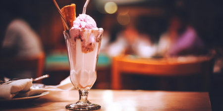 Sweet ice cream sundae served in a tall glass with wafer cookie and berry syrup, inviting an indulgent dessert experience in a restaurant setting with bokeh backgroundの素材