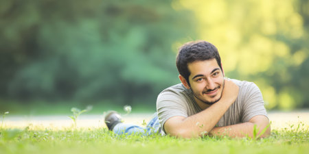 Young man smiling, lying on fresh green grass in a park with head resting on arm, relaxed and carefree in natural spring daylight, enjoying peaceful outdoor leisureの素材