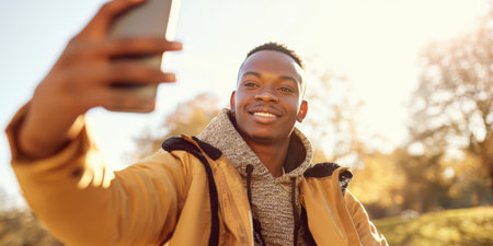 Young black man smiling and looking at smartphone, holding it to take a selfie in a sunny autumn park, showcasing happiness and connection with technologyの素材