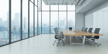 Empty meeting room in a corporate skyscraper featuring a large wooden conference table, office chairs, and expansive floor-to-ceiling windows overlooking a modern city skylineの素材