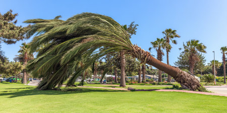 Large palm tree is lying horizontally on green grass in a public park, uprooted and showing significant damage to its trunk and fronds after a powerful stormの素材