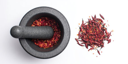 Dried red chilli peppers being ground into flakes and powder using a granite mortar and pestle, showcasing traditional food preparation and spicy cooking ingredients from a top-down viewの素材