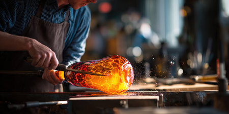Skilled artisan glassblower shaping a glowing, partially transparent glass vessel using tools while working in a warm, dark studio, showcasing traditional craftsmanship and intricate skillの素材