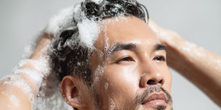Man washing his head with shampoo, creating abundant white foam, focusing on personal hygiene, grooming, and hair care routine for clean, healthy hairの素材