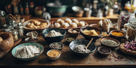 Various flours, grains, and aromatic spices display a rich palette of natural colors and textures, ready for healthy cooking and baking in a warm kitchen settingの素材