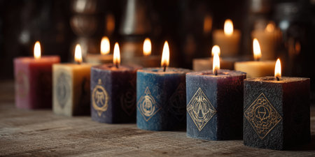 Hexagonal colored candles with mystical golden symbols creating a spiritual atmosphere, burning brightly in a ceremonial setting, evoking concepts of occult and spiritual practicesの素材