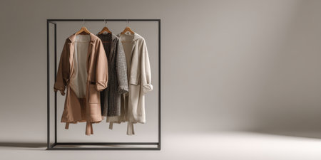 Three different long coats in neutral colors hanging on wooden hangers on a modern black metal clothing rack, displaying fashion, retail, and minimalist style against a studio backgroundの素材