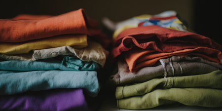 Stacks of vivid, neatly folded clothes in bright colors, forming organized piles that convey domestic laundry, tidy wardrobe storage, and everyday home freshness and orderlinessの素材