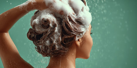 Woman washing hair with shampoo foam in a refreshing shower, close-up on wet brunette scrubbing scalp for clean, healthy hair and daily self-care routine at homeの素材