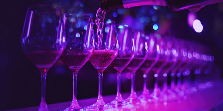 Red wine pouring from a bottle into a row of glasses under glowing purple lights, creating a festive, elegant atmosphere for parties, receptions, and celebratory toastsの素材