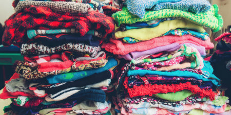 Piles of colorful folded clothes are creating a stack of textiles, representing concepts of second hand shopping, charity, donation, clutter, and laundry ready for sorting or sellingの素材
