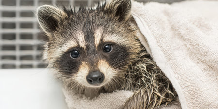 Young raccoon with wet fur wrapped in a soft towel after a bath, showing its masked face and curious dark eyes - adorable rescued juvenile being gently cleaned and cared forの素材