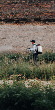 Worker wearing protective mask and cap spraying herbicide from a backpack sprayer onto weeds and wild plants growing against an old brick wall in an urban areaの素材