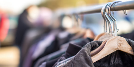 Clothing items hanging on wood and metal hangers, presenting various options for sustainable shopping and second-hand fashion at a flea market or retail storeの素材