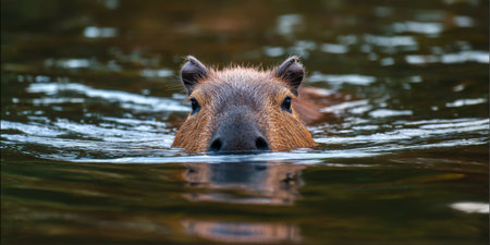 Capybara swimming in dark water with eyes and nose above the surface, relaxed and alert in its natural tropical habitat, floating calmly in river or pondの素材