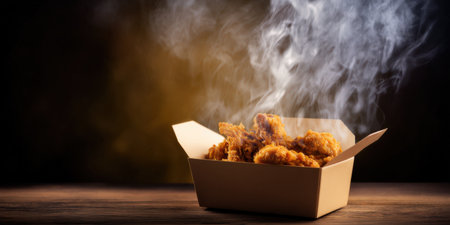 Crispy golden fried chicken pieces steaming hot in a brown paper takeaway box on a wooden table, fresh from delivery and ready to enjoy as an indulgent comfort mealの素材