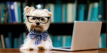 Dog in glasses and a bow tie sitting at a desk with an open laptop, representing concepts of learning, education, intelligence, and working from home in a fun, cute, and humorous wayの素材